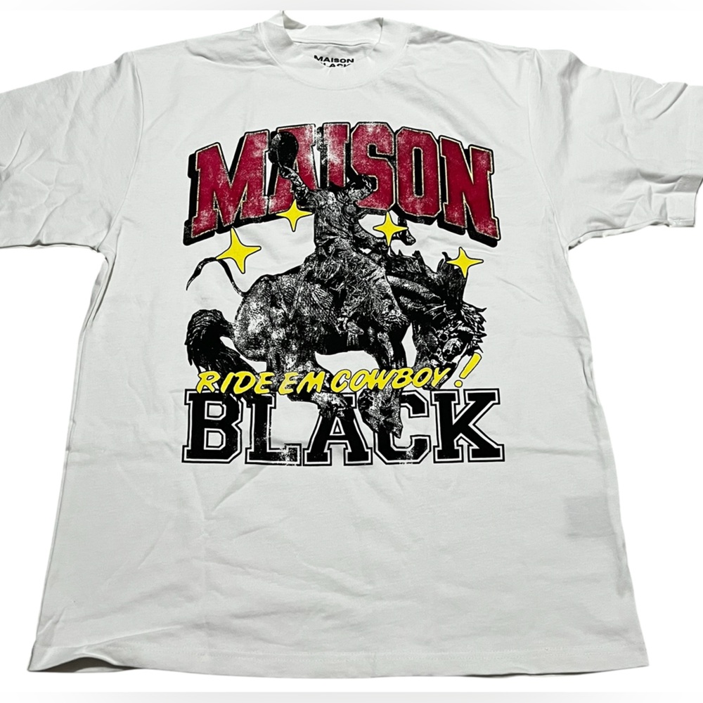 Maison Black men’s White distressed‎ Graphic T-Shirt ride em cowboy size large